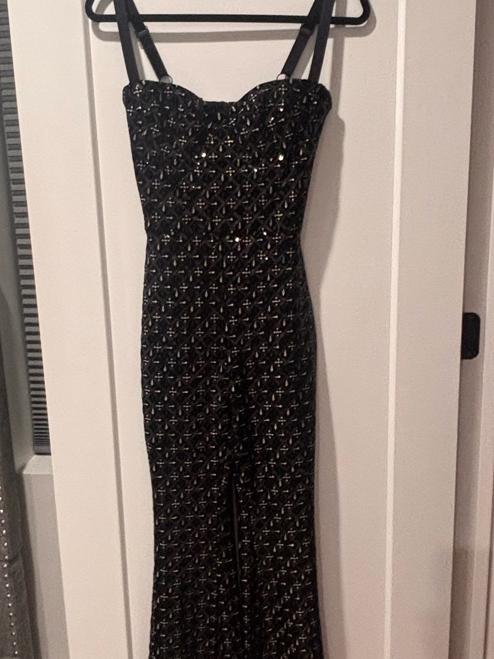 NADINE MERABI Black Beaded Jumpsuit with Gold Detailing